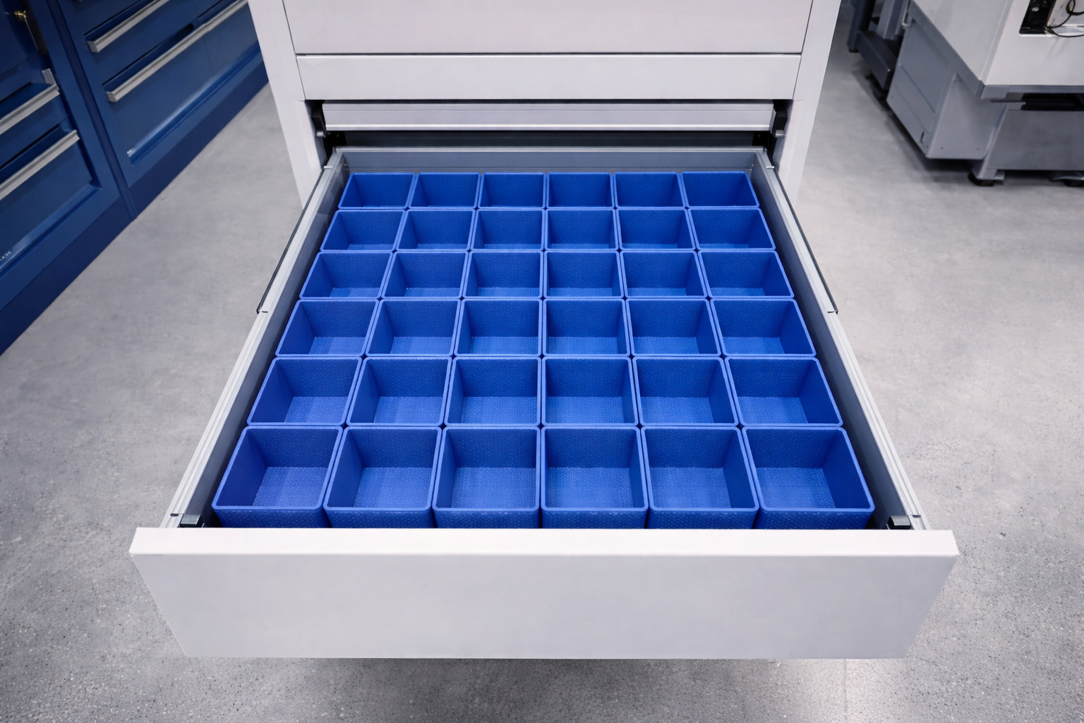 Blue PETG drawer organizer bin sample – 8×8 bin set