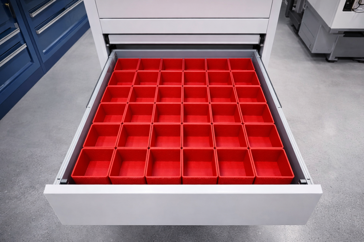 Red PETG drawer organizer bin sample – 8×8 bin set