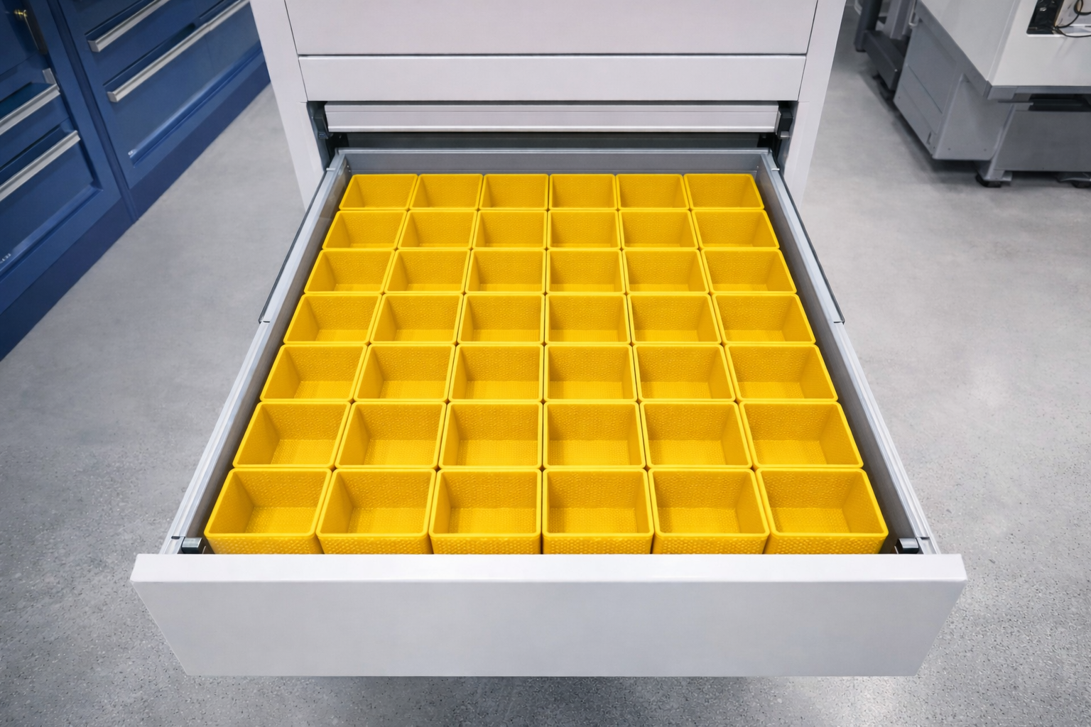 Yellow PETG drawer organizer bin sample – 8×8 bin set